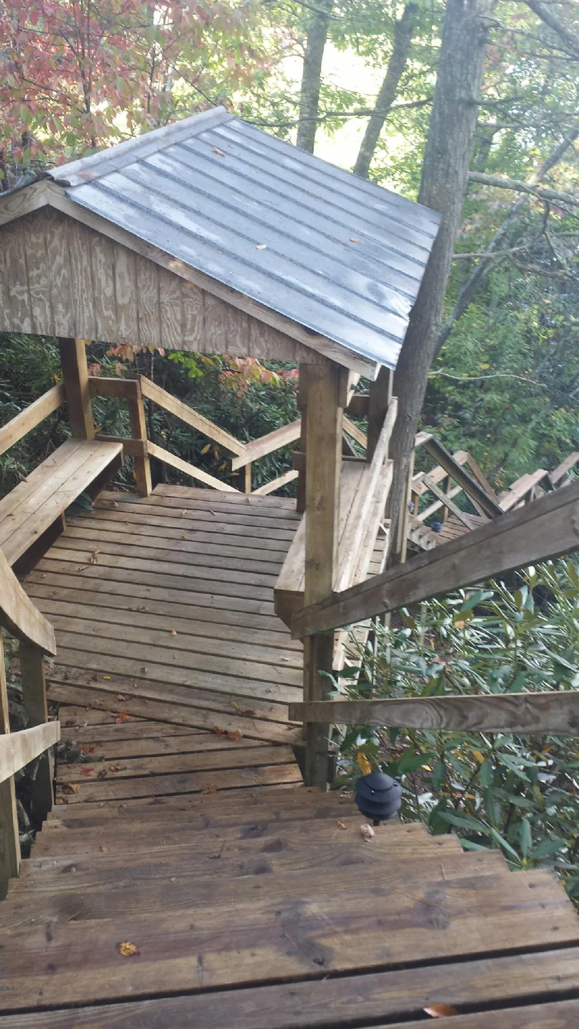 Metal roofed shelter over wooden steps on a wooded walkway — Skylight Repair & Installation work by our crew in Chapin
